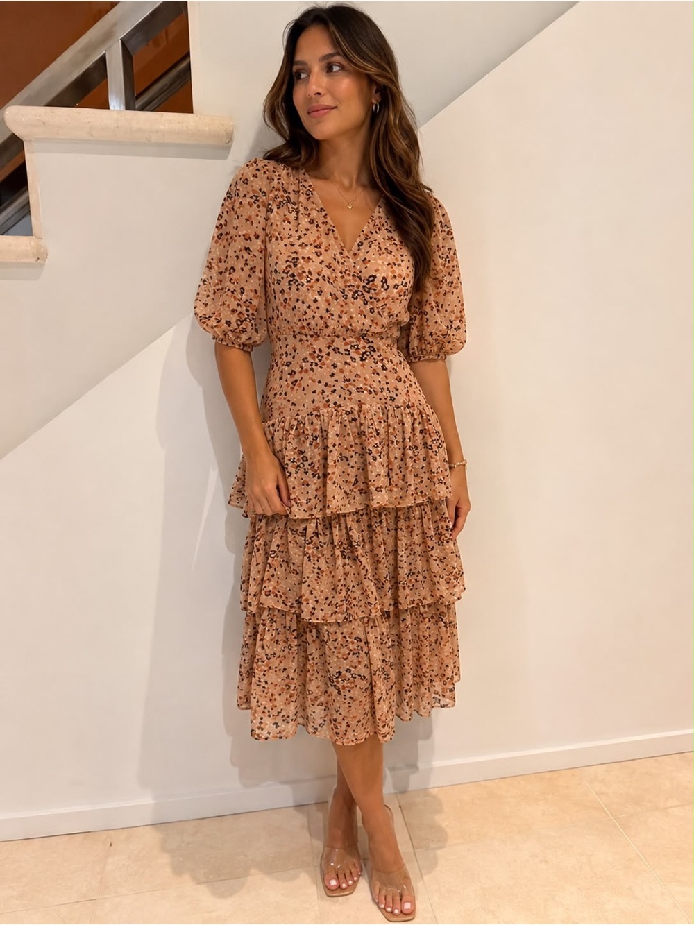 Fate Beige Floral Tiered Maxi Dress